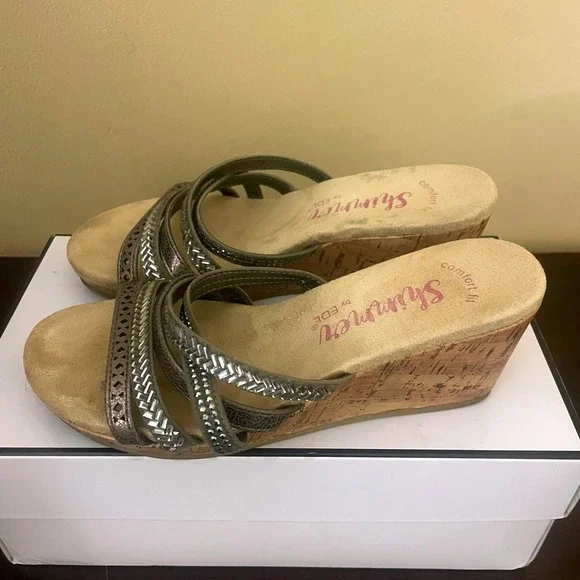 Shimmer by EDL Womens Metallic Pewter Cork Wedge Multi Strap Slide Sandals 7M - Picture 7 of 7